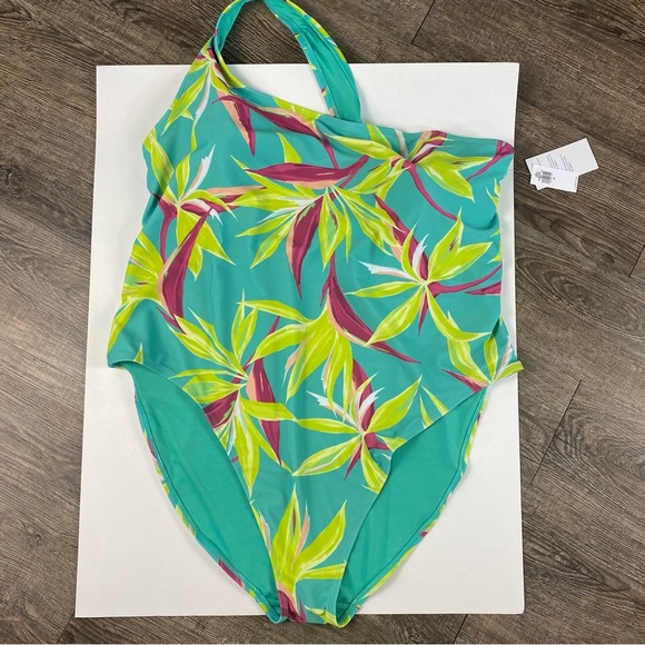 Old Navy Swimsuit Women 3X Green Color Tropical One Shoulder One Piece Beachy - Picture 3 of 7